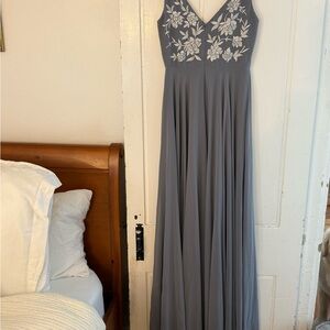 Gray Maxi Dress with Floral Embroidery
